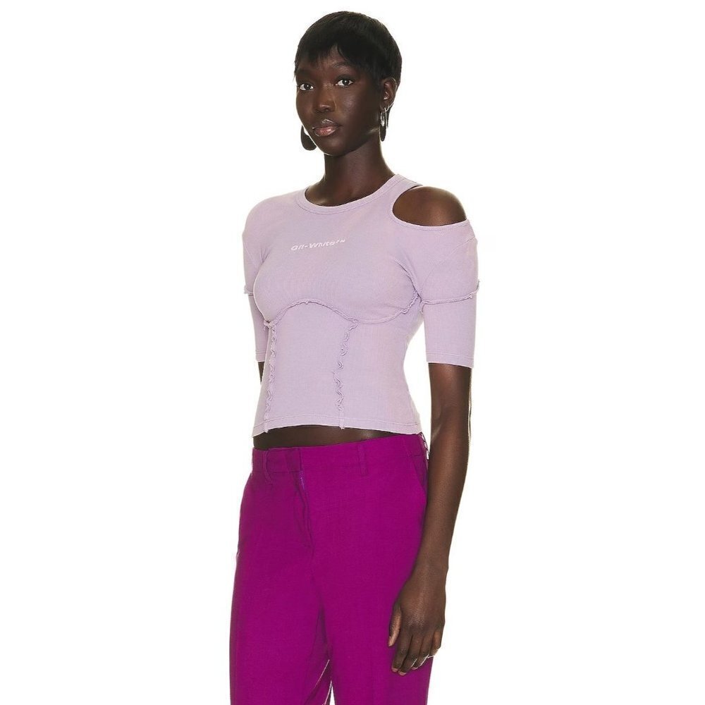 OFF-WHITE Laundry Ribbed logo Fit Tee in Lilac 36 XSmall New Womens Tshirt Top